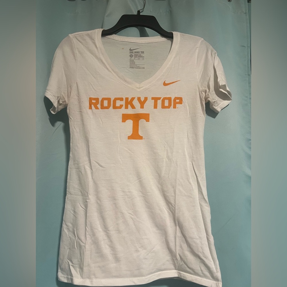 Nike Women's White and Orange Graphic Tee